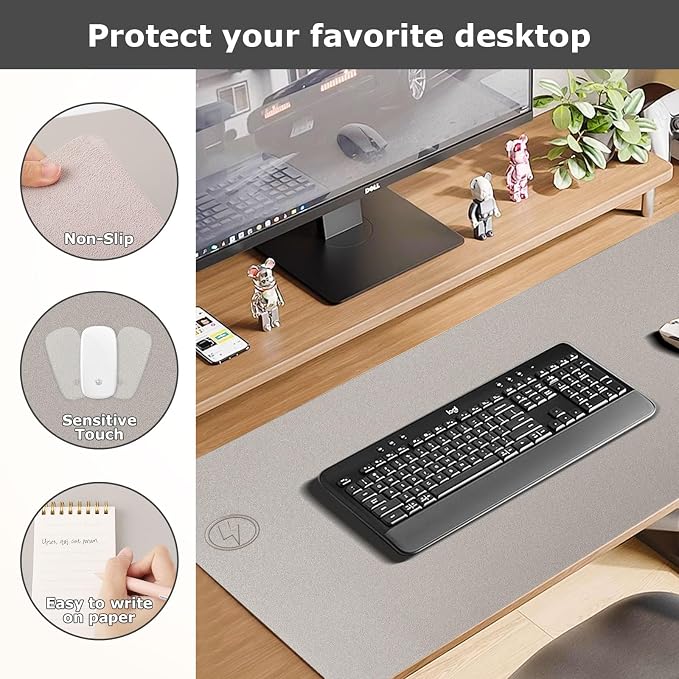 Wireless Charging Mouse Pad Firelison 2 in 1 Leather Multifunctional Office Desk Pad with Non-Slip Rubber Base, Waterproof Desk pad for Computers/Office/Work/Home/Decor（ 36" x 17"Grey - L）