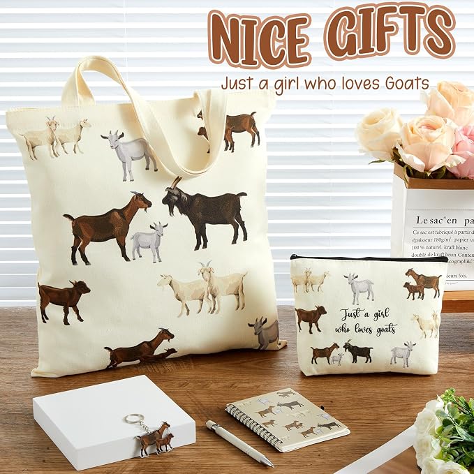 Kinlop 5 Pcs Goats Lover Gifts for Women Include Just a Girl Who Loves Goats Tote Bag Canvas Cosmetic Bag Coil Notebook Keychain and Ballpoint Pen for Women Girls