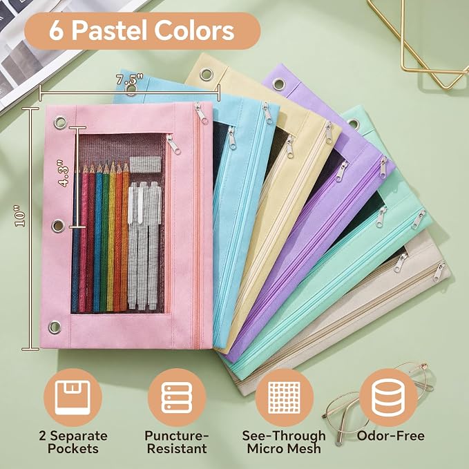 Lanpn 72 Pcs Pencil Pouch for 3 Ring Binder, 2 Pocket Zipper Binder Pouch Bulk, Pastel Binders Pencil Case, School Supplies for Boy Girl Student, Reinforced Grommets, Clear Window, Micro Mesh