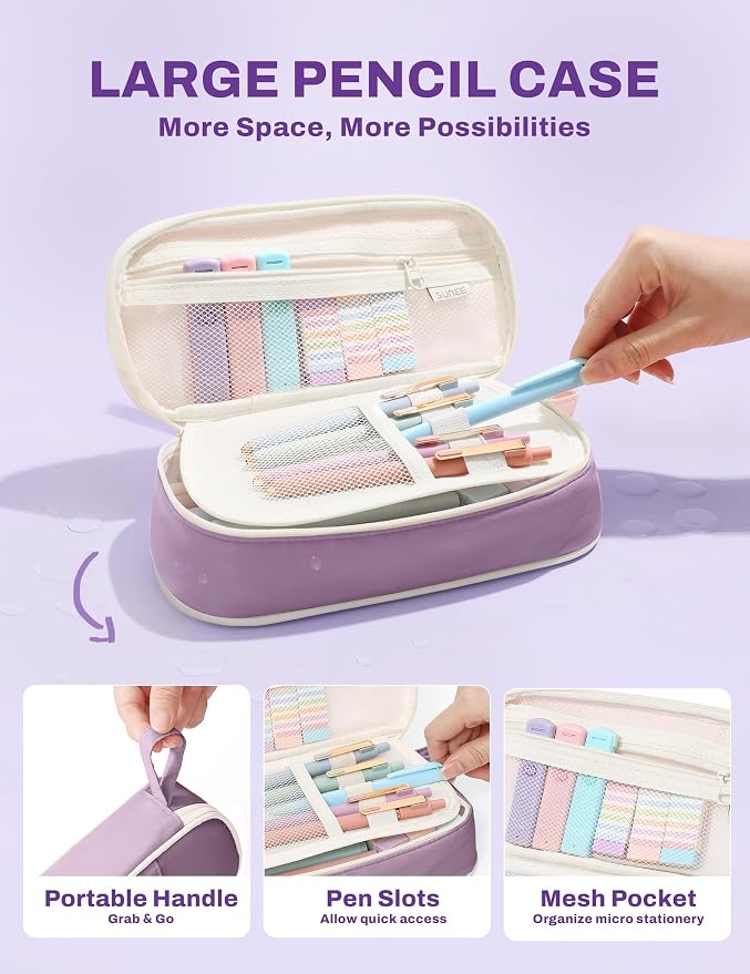 SUNEE 35PCS Aesthetic Stationery Set with Cute Pencil Case, Pastel Highlighters, Black Gel Pens, Mechanical Pencils & Refills, College School Supplies for Students Girls Purple