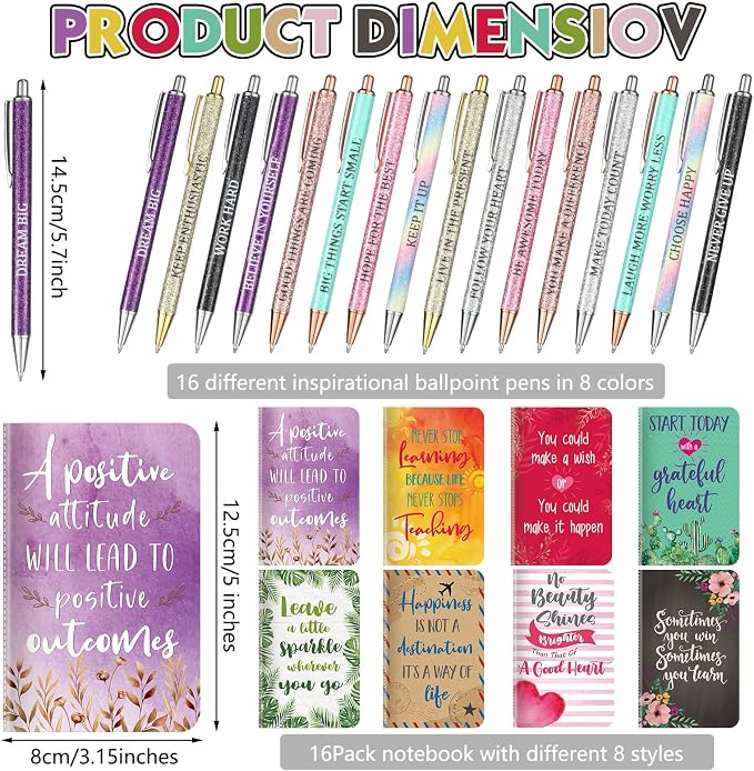 Funrous 32 Pcs Motivational Quote Pens Inspirational Notepads Mini Journal with Ballpoint Pen Small Notebooks Gift for Men Women Coworker Adult Party Favors Prize Teacher Student Office(Cute)