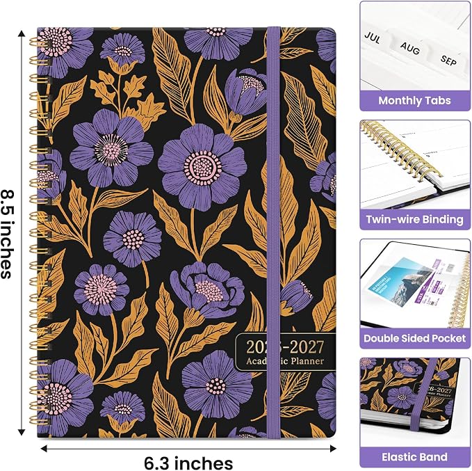 Planner 2026-2027, Academic Year Monthly and Weekly Calendar Planner, Jul 2026 - Jun 2027, Hardcover Teacher Student Planning Agenda book with Tabs, Perfect for School Office Supplies, 6.3" x 8.5" - Nocturne Blooms