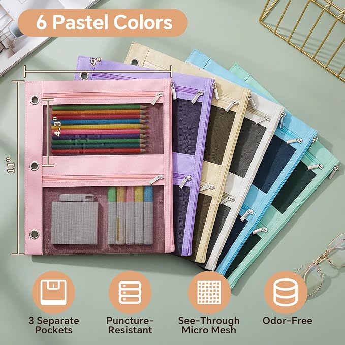 Lanpn 72 Pcs Pencil Pouch for 3 Ring Binder, 3 Pocket Zipper Binder Pouch Bulk, 9"x11" Binders Pencil Case, Pastel School Supplies for Girl Boy Student, Reinforced Grommets, Clear Window, Micro Mesh