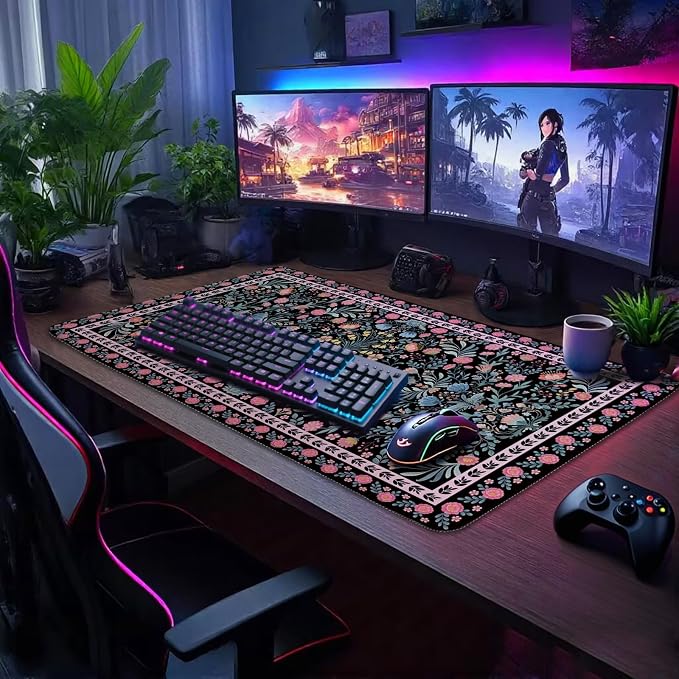 Black Floral Desk Mat, 31.5"x15.7" Large Mouse Pad, Anti-Slip Rubber Base Mousepad, Keyboard Pad with Stitched Edges, Water-Resistant Smooth Desk Blotter, Computer Mat for Home Office Desk