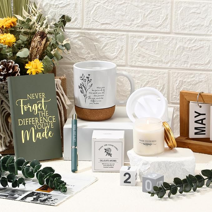 Sayglossy 4 Pcs Inspirational Thank You Gifts Set for Employee Back to School Teacher Never Forget The Difference You Made Notebook Coffee Mug Candle Ballpoint Pen for Team Coworker Volunteer Mom