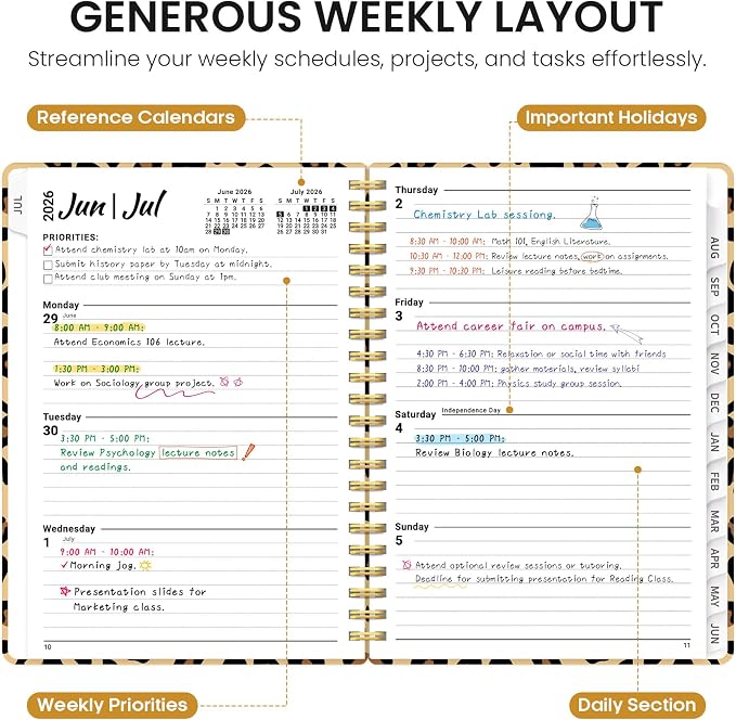Planner 2026–2027, Weekly & Monthly Academic Organizer for School Year, Jul 2026–Jun 2027, Hardcover Planner with Tabs, Back to School Essential, 6.3" x 8.5", Leopard