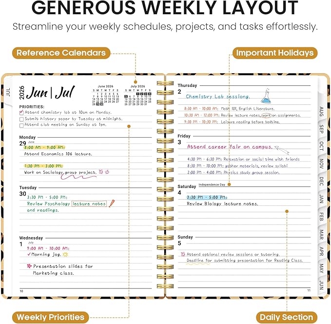 Planner 2026–2027, Weekly & Monthly Academic Organizer for School Year, Jul 2026–Jun 2027, Hardcover Planner with Tabs, Back to School Essential, 8.5" x 11", Leopard