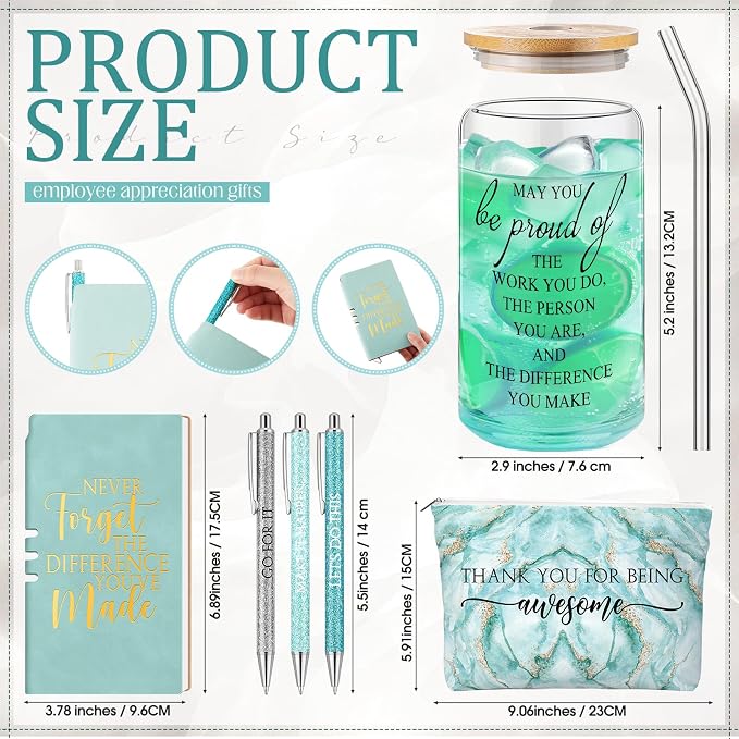 Funnymoom 6 Pcs Appreciation Gifts Set for Women Back to School Teacher Gifts Employee Thank You Gift with 17 oz Glass Tumbler Journal Pens and Pouch for Coworkers Educators,Marble,Green