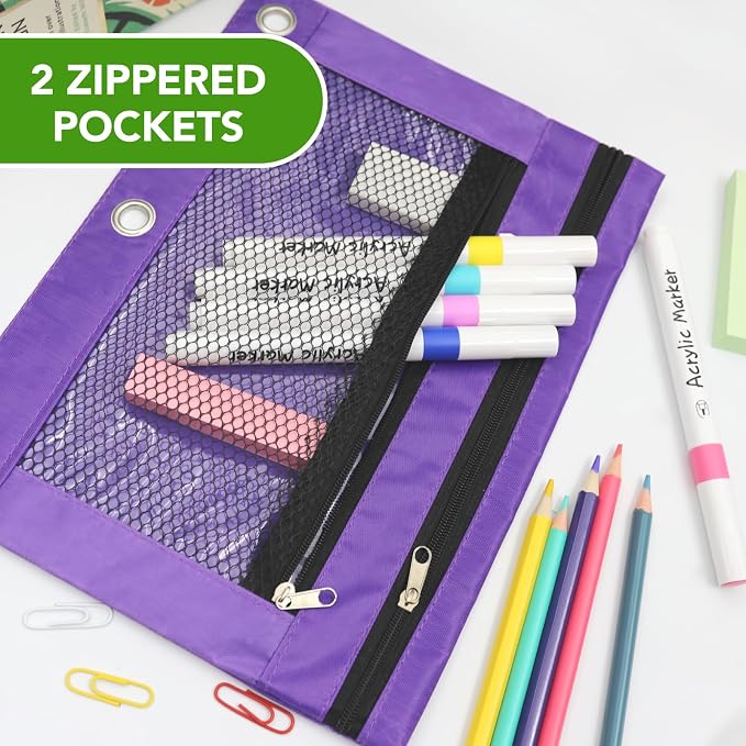 Pencil Pouch for 3 Ring Binder, Heavy Duty Canvas Dual Zipper Pen Bag with Clear Window, Smooth Metal Zipper, Fit Standard 3-Ring Binders for School Office Travel Supplies (Purple)