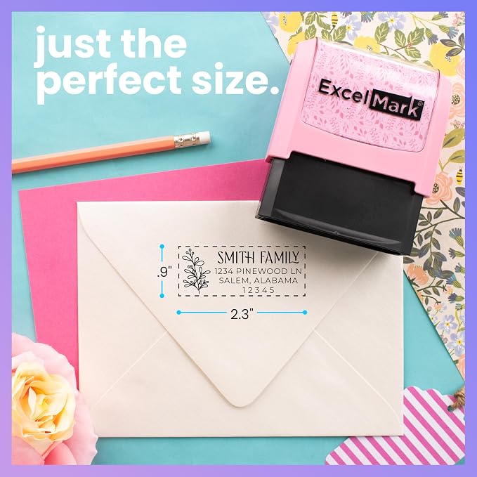 ExcelMark Address Stamp - Custom Return Address Stamp with Elegant Designs, Vibrant Colors & Patterns – Perfect for Mail, Invitations & Gifts (Pink, Foliage Edge)