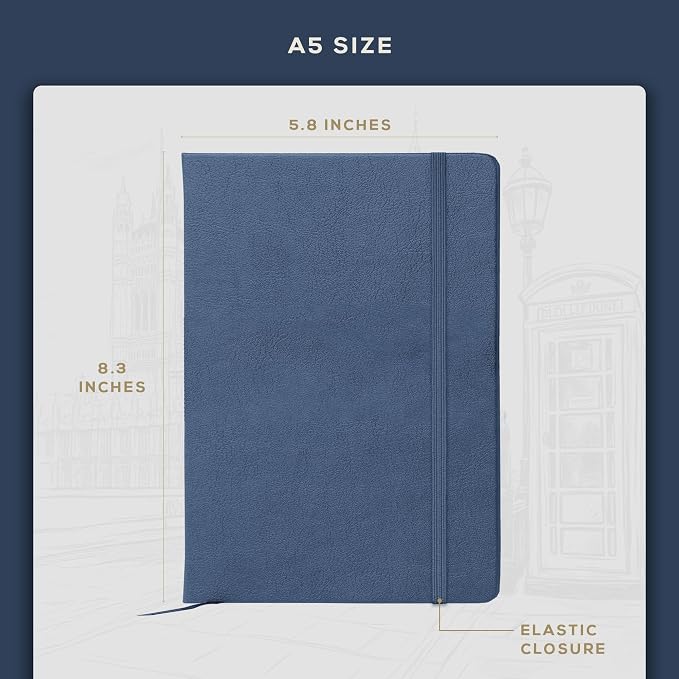 BEECHMORE BOOKS Premium Lined Leather Journal for Men & Women, 5" x 8" (A5) Thick 120gsm Ivory Cream Paper Notebook, Hardcover Vegan Leather Personal Diary, With Gift Box (Symphony Blue)