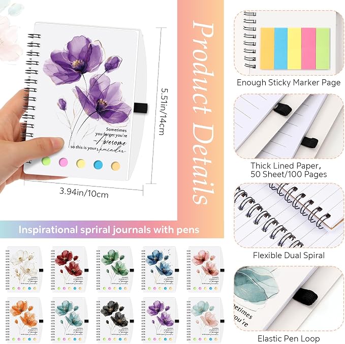 Chuangdi 10 Sets Back to School Teacher Gifts Appreciation Journal Inspirational Notebook with Sticky Notepad Ballpoint Pen Bulk Thank You Gifts for Student Staff Team Coworker Nurse(Watercolor)