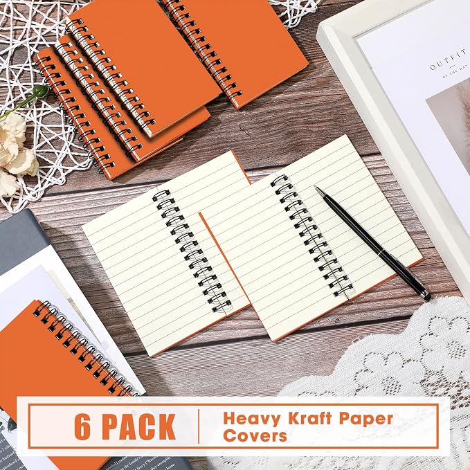 Jutom 6 Pcs Small Spiral Notebooks Memo Pads 3x5 Bulk Small Pocket Notepads Back to School Supplies Mini Notebook with Lined Mini Journals for Office & Work, 120 Pages (Orange)