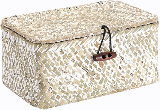 Handwoven Seagrass Basket Wicker Shelf Basket with Lid Rectangular Multipurpose Desktop Organizer Bin for Key Remote Control,Whitewash,7.0"x 4.3" x 3.3"