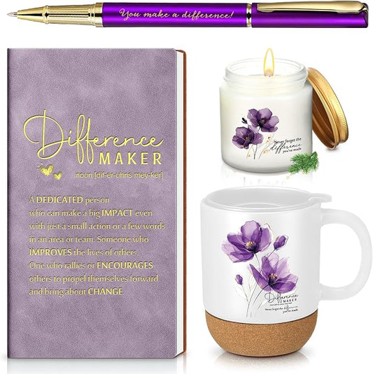 4 Pcs Difference Maker Gift Set Mug Notebook Candle Pen,Purple,Flower