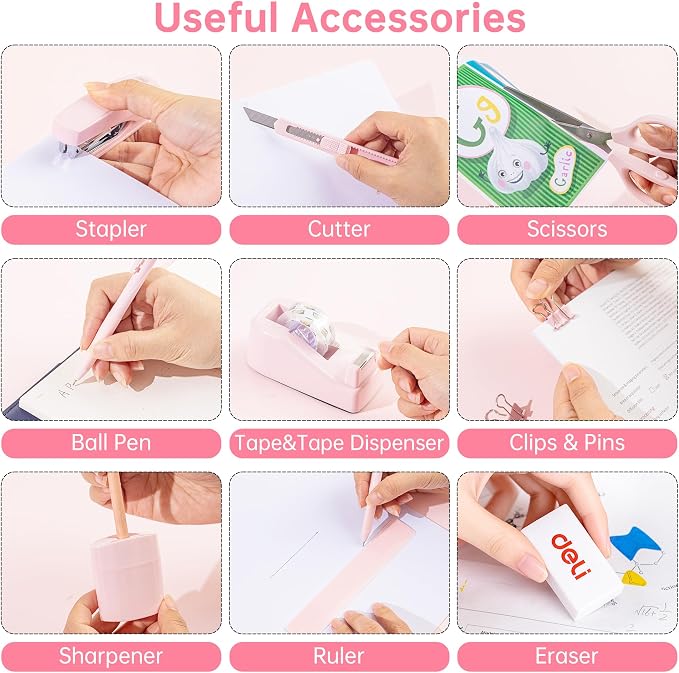 deli Office Supplies Set, Pink Desk Accessory Organizer Kit, Stapler Set, Rotating Multi-Functional Pen Holder, Tape Dispenser, Pens, Binder Clips, Sharpener, Scissor, Eraser, Pink Office Supplies