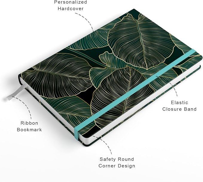 Lined Journal Notebook, Hardcover Journal for Women, Medium 5.7 x 8.4 in, 160 Pages Thick Paper, Cute Aesthetic Floral College Ruled Notebook for Journaling Writing Work Office School, Leaf