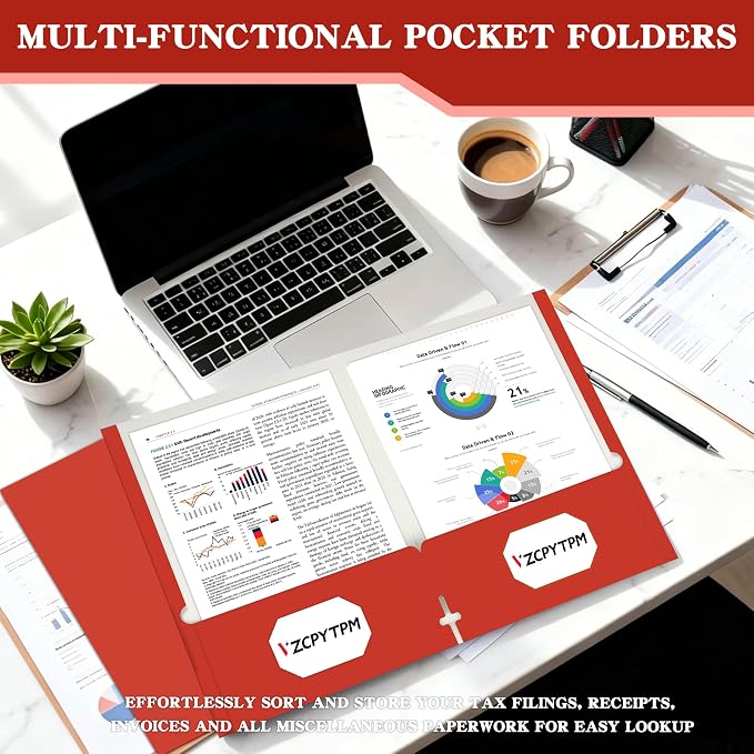 VZCPYTPM 50 Pack Red Folders with Pockets,2 Pocket File Folders | Fit Letter Size (8.5 x 11 Inch),Professional Design with Business Card Slot for Office and School Organization