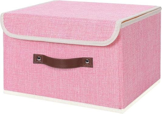 ANMINY Storage Bin with Lid Storage Boxes with PU Leather Handles PP Plastic Board Decorative Foldable Lidded Cotton Linen Fabric Home Cubes Baskets Closet Organizer Container - Pink, Medium