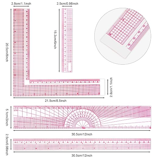 Pelopy 4 Pieces Clear Sewing Ruler Plastic Grid Transparent Ruler Plastic Straight Measuring Tool Set for Clothes Design Sewing(6 Inches, 12 Inches, B75 B-55 B-65 5808)
