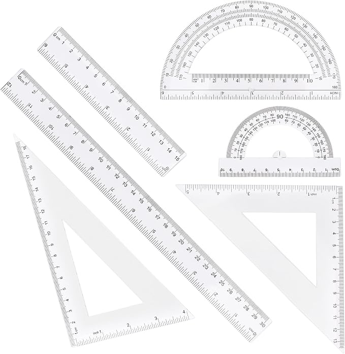 Plastic Clear Ruler Math Set - 6'' 12'' Transparent Straight Ruler, 4'' 6'' Protractor, 30/60 & 45/90 Triangle Ruler, Geometry Math Measuring Tool for School Office Drawing Teachers Kids Supplies