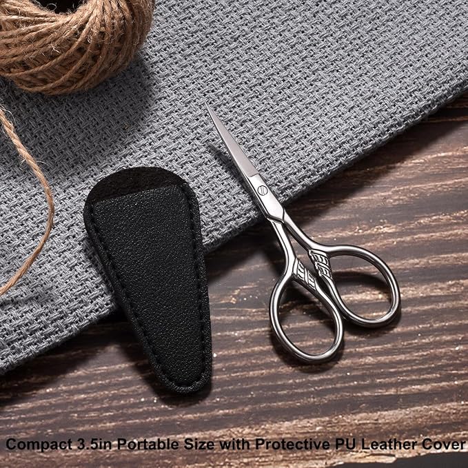 Small Precision Scissors, 3.5in Beauty Grooming Kit | Stainless Steel, Multi-Purpose Travel Tools for Facial Hair, Eyebrow, Eyelash, Beard, Moustache Trimming, with PU Sheath