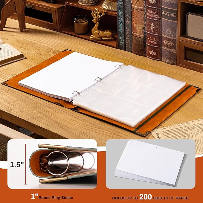 Ovesmusl PU Leather 3 Ring Binder 1 Inch Round Ring Binder Holds 200 Sheets 8.5"x11" Letter Size Paper, Wedding Family History Notebook Cover Loose Leaf Organizer, Black Tree