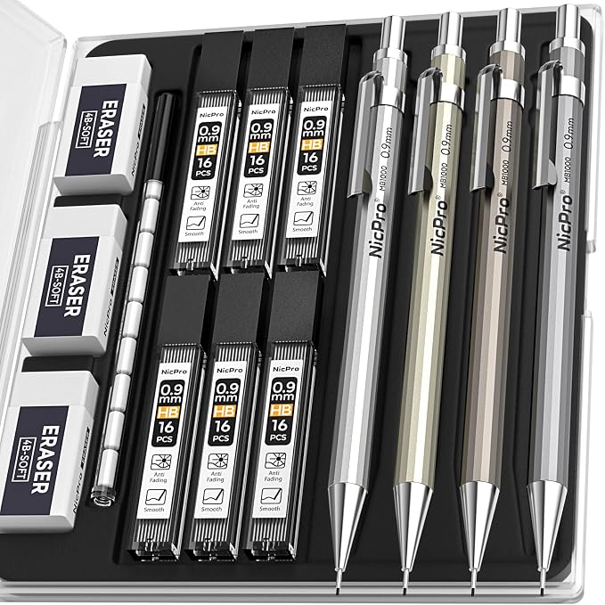Nicpro 4 Pack Metal Mechanical Pencil Set 0.9mm, MB1000 Lead Drafting Pencil 0.9 mm with 6 Tube HB #2 Lead Refill, 3PCS 4B Eraser, 9 Cap Eraser for Artist Writing, Sketching, Drawing- Come with Case | 6 Tube HB #2 Lead Refill, 3PCS 4B Eraser, 9 Cap Era...