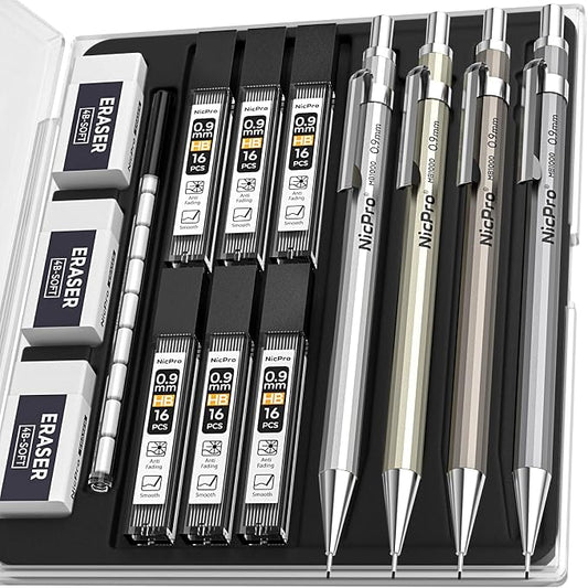 Nicpro 4 Pack Metal Mechanical Pencil Set 0.9mm, MB1000 Lead Drafting Pencil 0.9 mm with 6 Tube HB #2 Lead Refill, 3PCS 4B Eraser, 9 Cap Eraser for Artist Writing, Sketching, Drawing- Come with Case | 6 Tube HB #2 Lead Refill, 3PCS 4B Eraser, 9 Cap Era...
