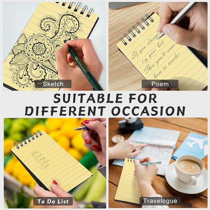Tenceur 2 Pcs Pocket Notebook Small 3x5 Inch Black Cover Yellow Page Top Spiral Notepads Bound Notebook with Lined 120 Pages Mini Memo Pads for Office College Nurse Essentials Back to School Gift