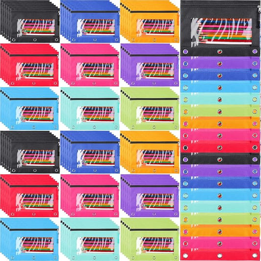 Zhehao 100 Pcs Zipper Binder Pencil Pouches:3 Ring Binder Pencil Pouches with Zipper Window Bulk Clear Pen Bags Case for Office School Classroom Supplies(Single Layer,8 Colors)