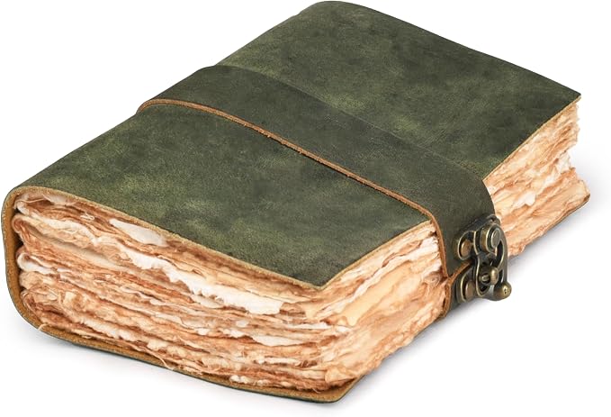LEATHER VILLAGE Leather Bound Vintage Journal for Women & Men - Book of Shadows - Lock Closure - 200 Pages of Antique Deckle Edges Handmade Watercolor Paper - Green - 7X5 inches