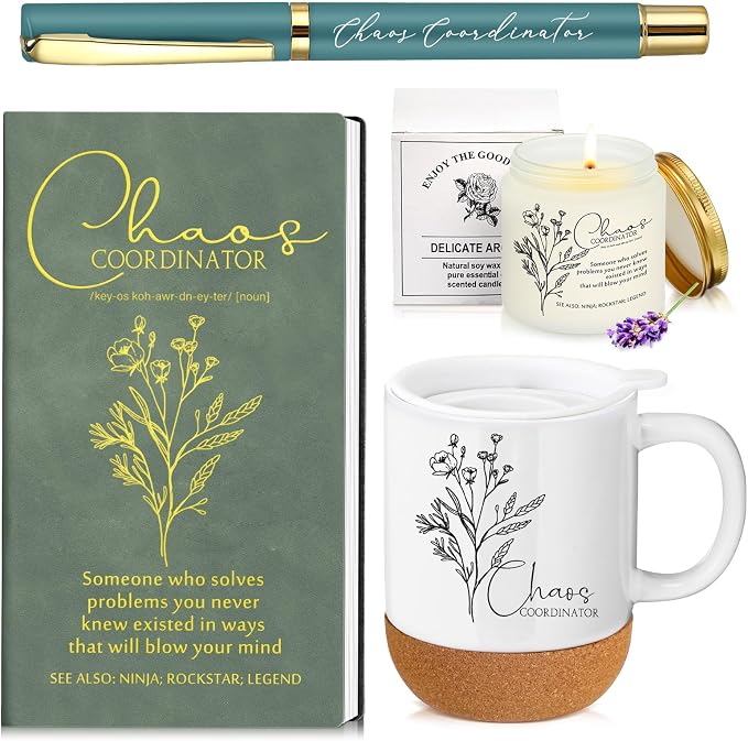 Sayglossy 4 Pcs Green Chaos Coordinator Gift Set Back to School Gift for Teachers Women Men Notebook Coffee Mug Scented Candle Ballpoint Pen for Teacher Assistant Principal Class School Staff Coworker