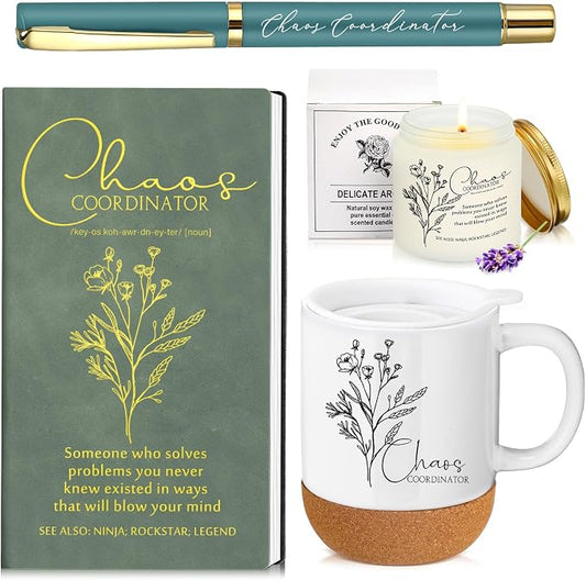 Sayglossy 4 Pcs Green Chaos Coordinator Gift Set Back to School Gift for Teachers Women Men Notebook Coffee Mug Scented Candle Ballpoint Pen for Teacher Assistant Principal Class School Staff Coworker