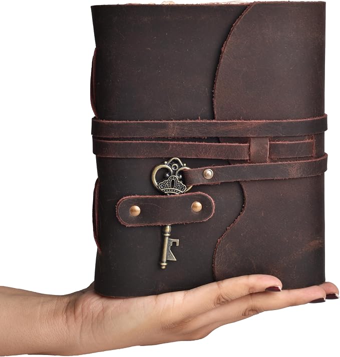 LEATHER VILLAGE Vintage Leather Journal – 200 Handmade Vintage Deckle Edge Paper – Leather bound Journal For Women Men – Vintage Key Closure - Book of Shadows - Chocolate Brown - 10X7 inches