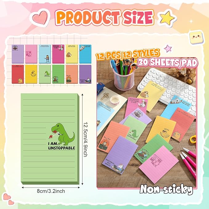 12 Pack Funny Notepads, 5x3 Inches Sarcastic Note Pads Memo Fun Office Gifts for Coworkers Work Women Men Employee Teacher Boss Desk Accessories Gifts(Animal,Multicolor)