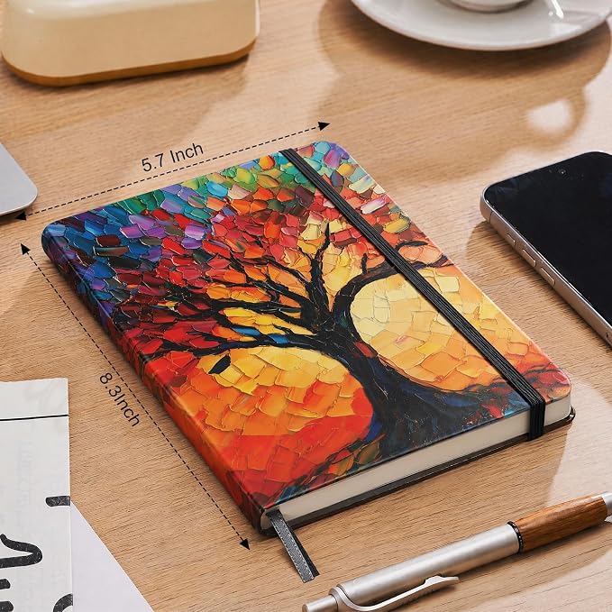 AHGXG Lined Journal Notebook, 192 Numbered Pages, A5 Size (5.7'' x 8.3'') | for Men & Women, Journaling, Writing, Work & Office, Leather Hardcover, 100 GSM Thick Paper (Colourful Tree)