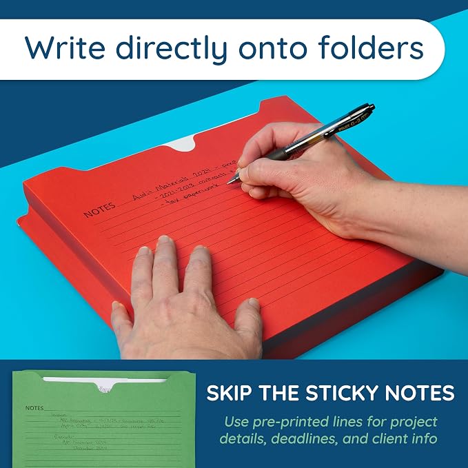 Blue Summit File Jackets Letter Size 2 Inch Expansion, Lined Folders with Lines for Notes on Front, 2 inch File Jacket Folders, Top Tab Pockets, Assorted Colors, Expandable, 25 Pack