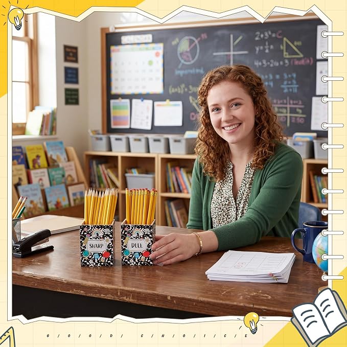 DoubleFill 2 Pcs Notebook Shaped Holder Sharp Dull Holder Wooden Dispenser Pencil Storage with Classic Composition Notebook Design for Back to School Teachers Classroom Organization Accessories