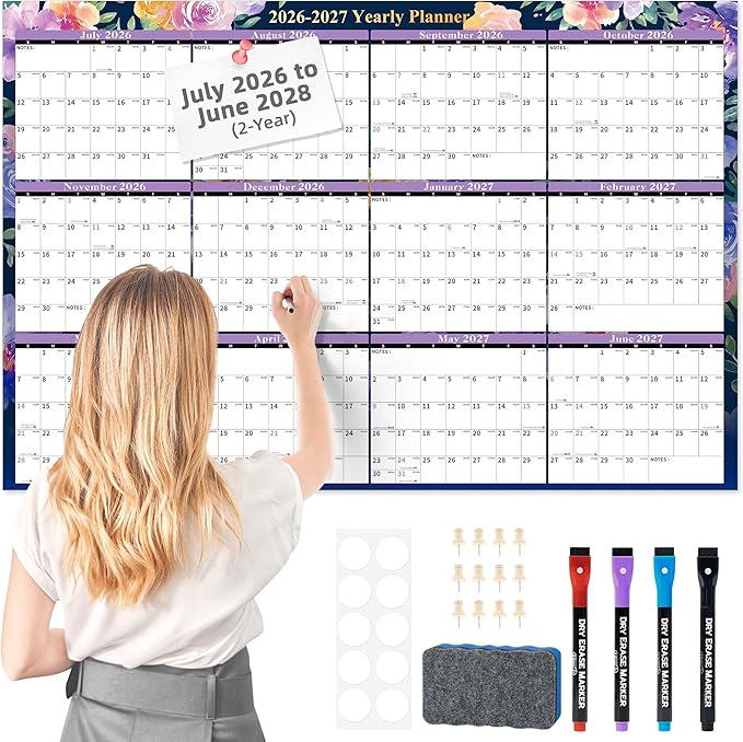 Ospelelf 2026 Wall Calendar Large 32'' x 48'' Dry Erase Calendar, Yearly Laminated Calendar Monthly Family Calendar for Office, Use July 2026 - June 2028 (Floral)