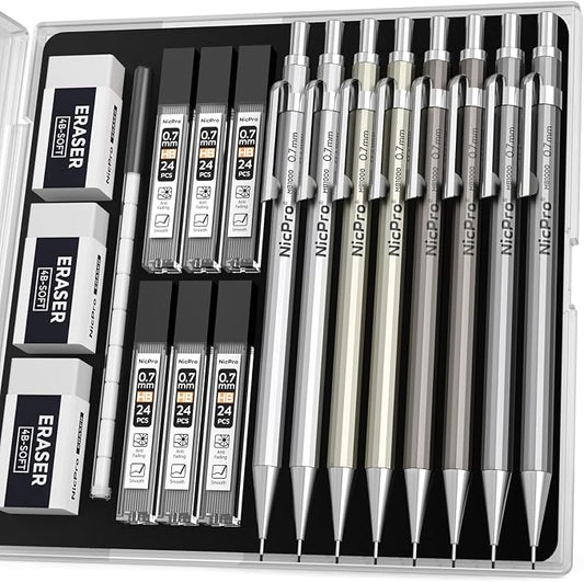 Nicpro 8 Pack Mechanical Pencil 0.7mm, MB1000 Metal Mechanical Pencil Set | 6 Tube HB #2 Lead Refill 0.7 mm, 3PCS 4B Eraser, 9 Cap Eraser with Case for Artist Drafting Writing, Sketching, Drawing