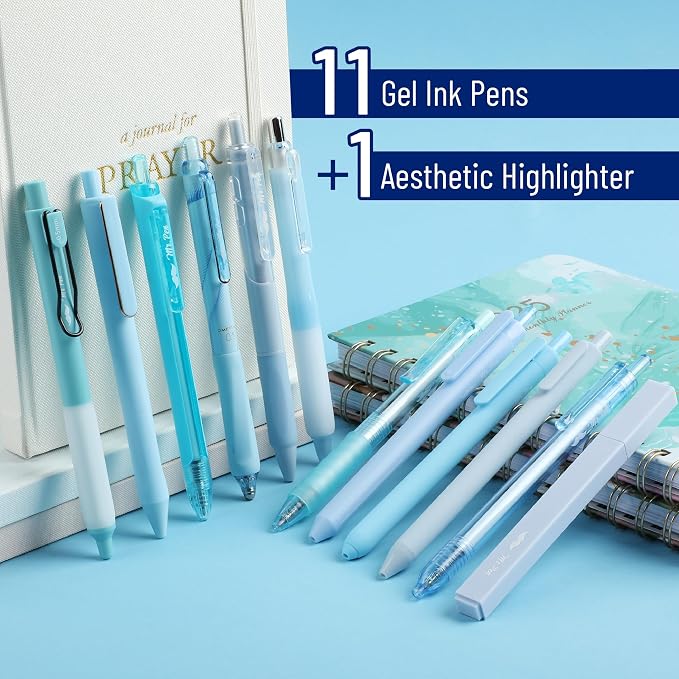 Mr. Pen- Pastel Blue Gel Pens Set, 12 Pack | Black Ink Cute Writing Pens with 1 Aesthetic Highlighter, 0.5 mm, Smooth Gel Pens for Journaling, Aesthetic Girly Stationery