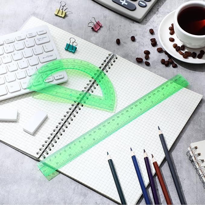Zonon 2 Pcs 12 Inch Clear Ruler and 6 Inch Plastic Protractor Set, Dual Scale Inch/Cm Math Geometry Measuring Tools for Back to School Students Teachers Classroom Office Drafting Use(Green)