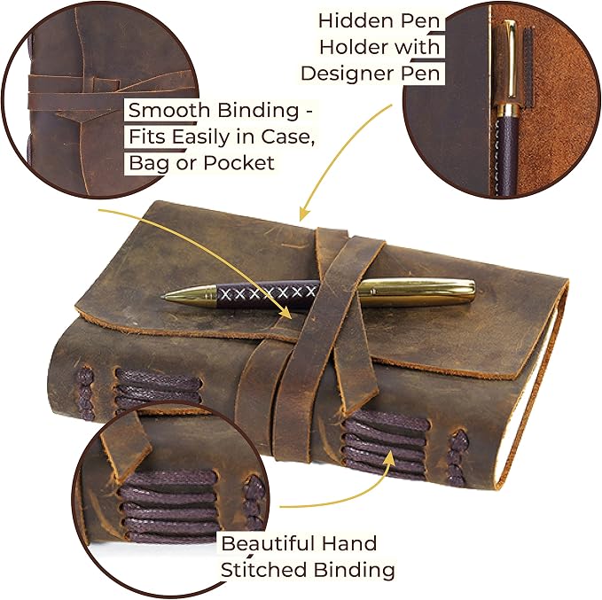 Leather Journal Gift Set with Antique Leather Bookmark + Pen, Handmade Writing Notebook 7x5 Inches Unlined Leather Bound Daily Notepad For Men For Women, Luxury Gift Box Diary for all ages