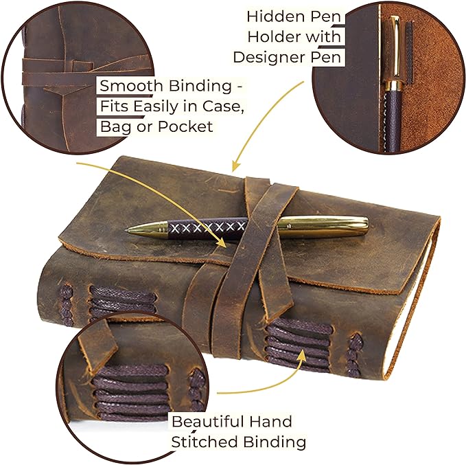 Leather Bound Journal for Men and Women, Handmade Gift Set with Genuine Leather Bookmark and Stylish Pen, Vintage and Classic, Notebook, Sketchbook, Planner, Journal and Diary (300 Pages) (8x6")