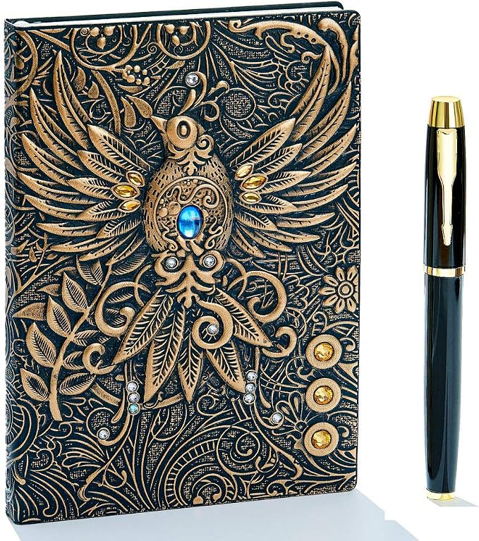 Embossed Leather Journal Writing Notebook - Antique Handmade Leather Daily Notepad Sketchbook, Travel Diary & Notebooks to Write in, Phoenix Gift For Men & Women, with Golden Classic Pen, (Bronze)