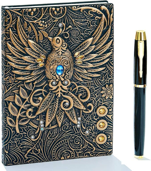 Embossed Leather Journal Writing Notebook - Antique Handmade Leather Daily Notepad Sketchbook, Travel Diary & Notebooks to Write in, Phoenix Gift For Men & Women, with Golden Classic Pen, (Bronze)