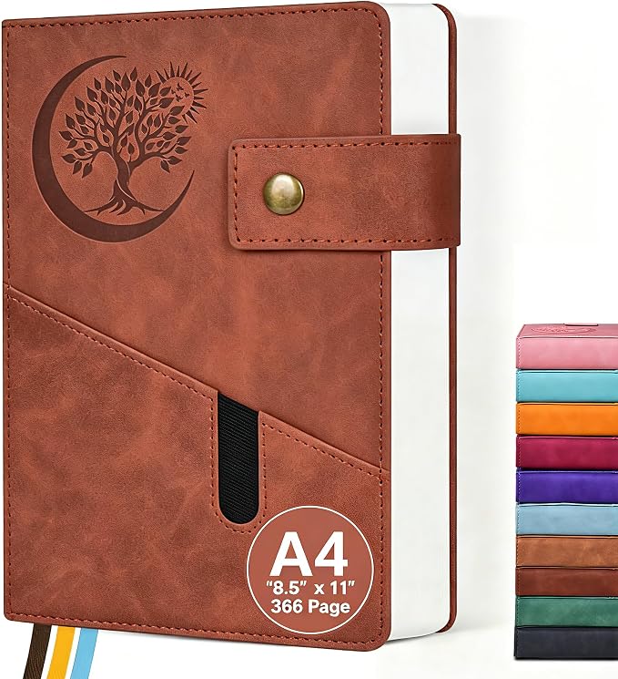 PAIBAS 8.5 x 11 Lined Notebook Journal 366 Pages Leather Journal for Men | Big notebook with 100gsm lined notebook paper college ruled, 3 ribbon bookmarks, front pocket slot & snap button.