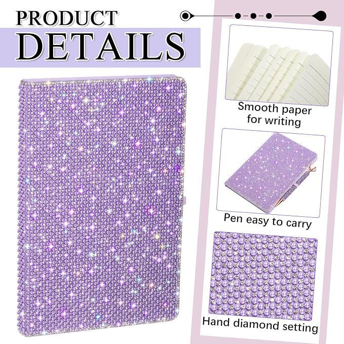 Resholder Rhinestone Pen & Glitter Notebook Set, Hard Cover Bling Diary Journal for Girls, Cute School Supplies for Back to School, Sparkly Desk Accessories Gift for Women(Pearl,A6,Purple)