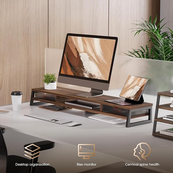 Fenge Dual Monitor Stand Riser, 42.5in Desk Shelf with 2 Drawers, Brown | 2-Tier Monitor Shelf for Desk, Storage Drawer with Stopper, Frosted, fit Home Office, Ultrawide Screen, PC, Laptop, TV